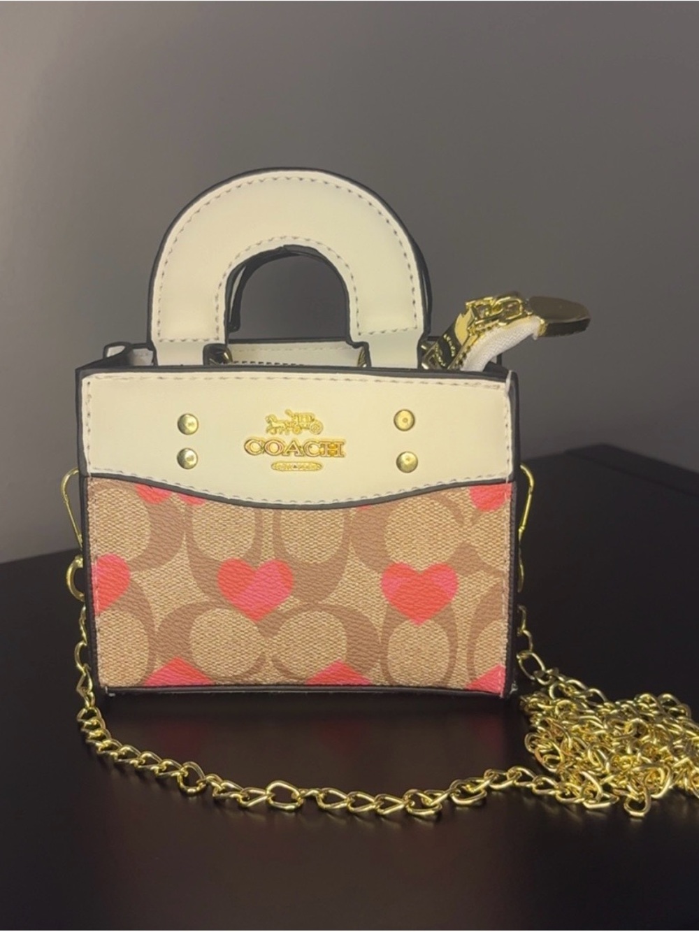 Coach Mini Heart Signature Crossbody in Chalk and Pink Hearts